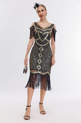 Schwarzes goldenes fransen Gatsby Kleid mit kalten Schulter aus den 1920er Jahren
